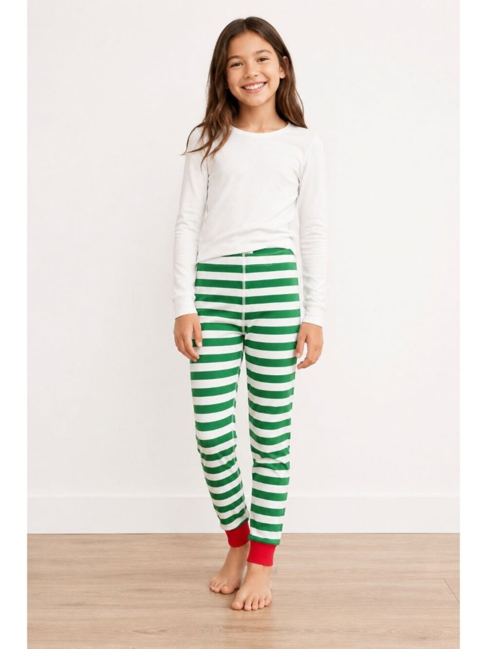 Hanna Andersson pajama pants distinctive green white striped red ankle cuffs 10